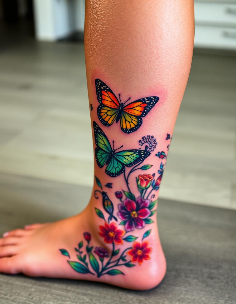 Mariposas y flores en pierna